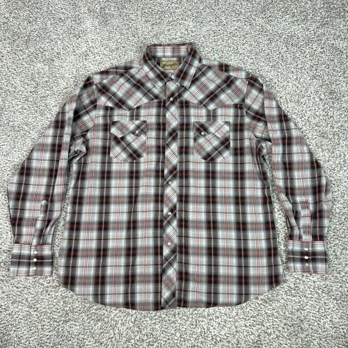 Wrangler Mens Shirt Extra Large Gray Red Plaid Pearl Snap Western Cowboy Work