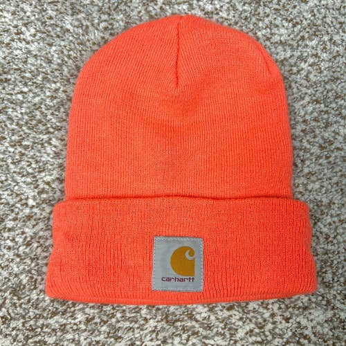 Carhartt Hat Mens One Size Orange Outdoor Warm Knit Cap Hunting Logo Casual