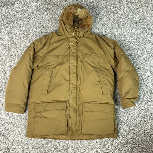 Vintage Cabelas Jacket Mens Large Brown Winter Parka Fox Fur Hood Down Coat
