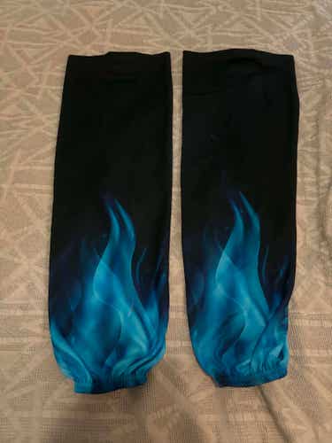 Ice Hockey Socks Black with Blue Flames, Size Adult 29” Good Condition