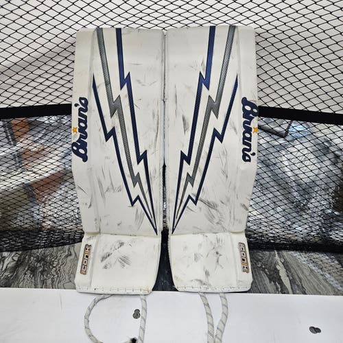 35 + 1.5" Brian's Iconik Pro Goalie Leg Pads (Pro level) in white/blue bolt graphic