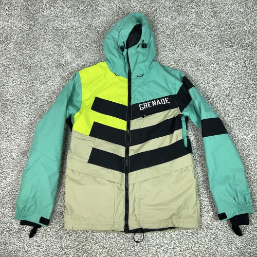 Grenade Jacket Mens Medium Teal Tan Snowboard Parka Hooded Insulated Striped