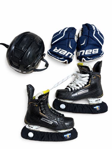 Bauer Supreme 2S Pro Hockey Skates + Bauer Vapor Gloves, Bauer Re-akt helmet & 2 sticks