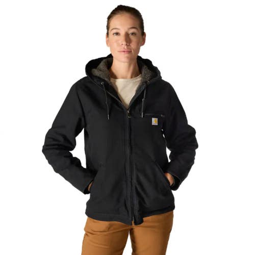 Carhartt Sierra Jacket Women Black Iconic Washed Duck Sherpa-Lined Hooded MOT261