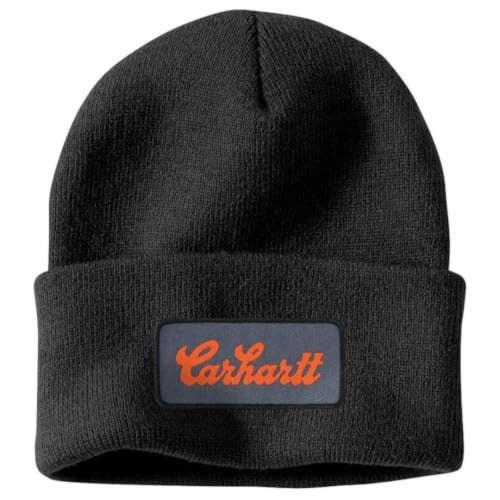 Carhartt Beanie Hat Men's One Size Black Knit Cuffed Script Logo Patch MOT249