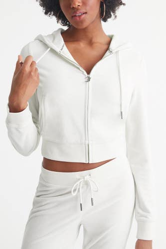 Juicy Couture Heritage Hoodie Women's Small White Rib Trim Cropped Zip Up DAC143