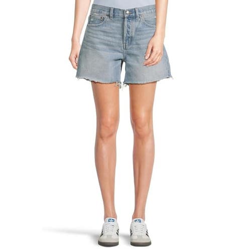 Madewell The Brynn Long Shorts Women 30 Blue Cotton Frayed Hem Button Fly DAC152