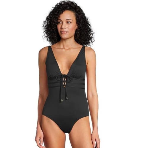 Tommy Bahama Pearl Swimsuit Women's 16 Black Stretch Tie Front One Piece DAC201
