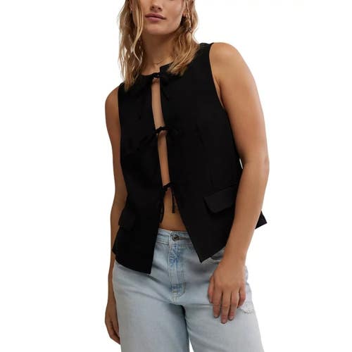 Free People Celia Suit Vest Women's L Black Stretch Tie Front Flap Pocket DAC186