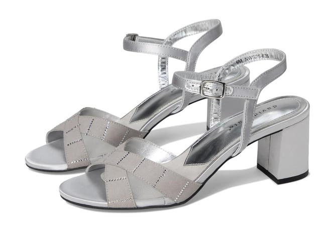 David Tate Cocktail Dress Sandals Women's 9WW Silver Satin Block Heel ZAP2818