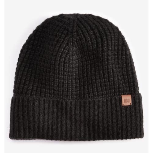 UGG Beanie Hat Unisex OS Black Cuff Waffle-Knit Leather Logo Patch Winter DAC194