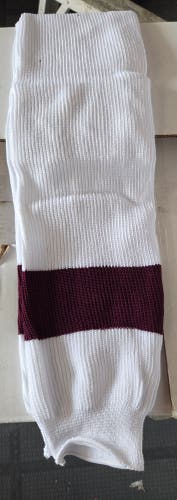 18 Pairs White and Maroon Colors Athletic Knit Hockey Socks Adult Large 32" Length