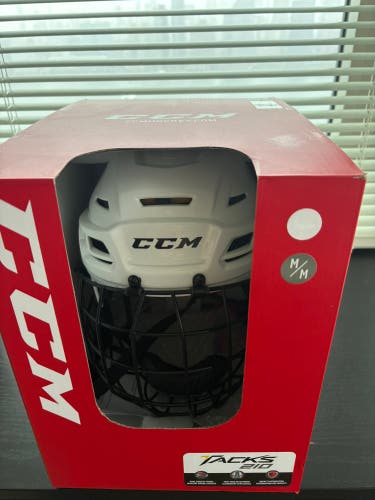 Like New White CCM Tacks 210 Combo Helmet w/ Cage (Medium) - Retail Box - HECC Valid to 2032