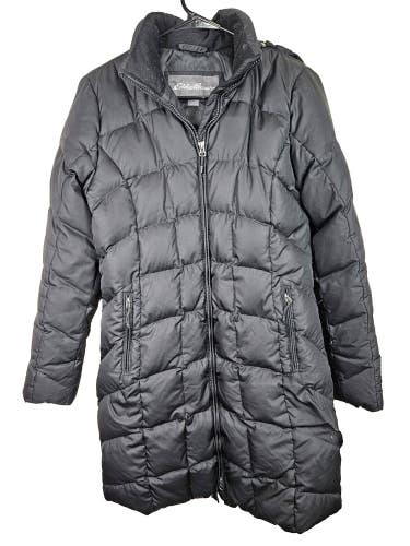 Eddie Bauer EB650 Down Quilted Hood Puffer Long Jacket Winter Black Womens XS