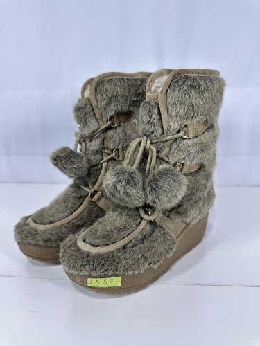 #557 Vintage Juicy Couture Fur Pom Pom Lace-Up Snow Bunny Boots Womens 6