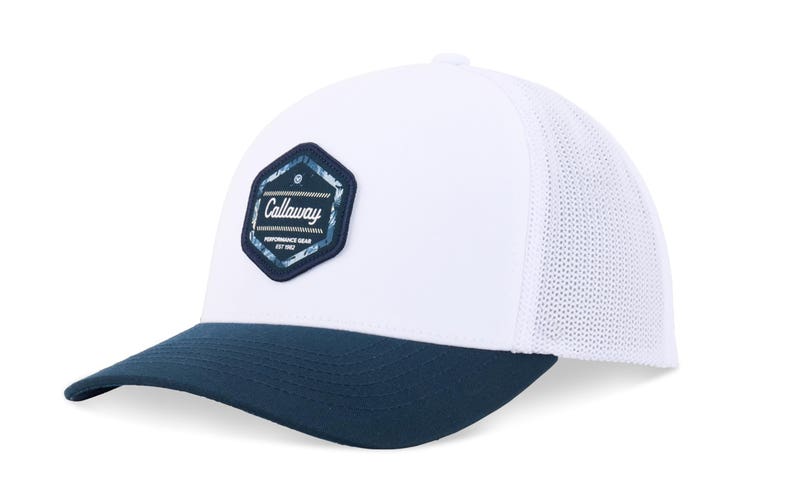 NEW 2026 Callaway Carlsbad Trucker White/Navy Adjustable Snapback Golf Hat/Cap