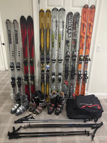 Complete Ski Lot – 6 Sets of Skis + 3 Pairs of Boots + Poles & Bags