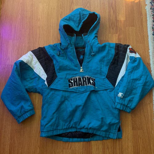 Vintage 90s SJ Sharks NHL STARTER anorak puffer hooded windbreaker