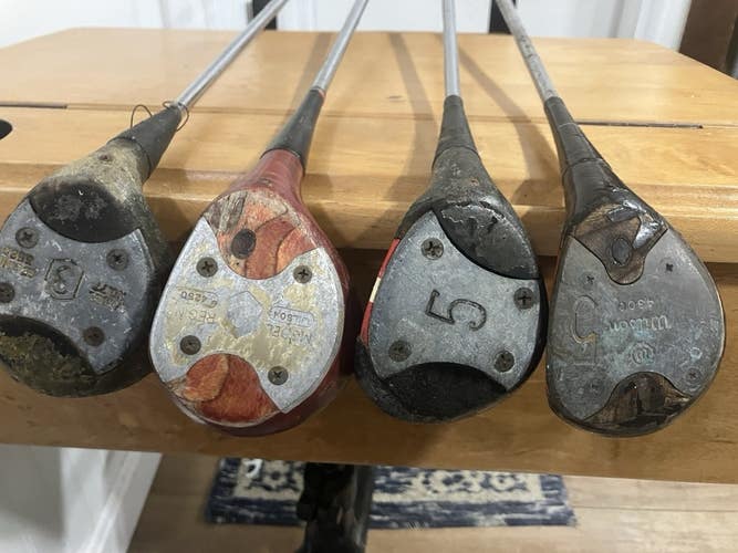 Vintage lot of four Persimmon Driver & Woods golf clubs, Right Handed