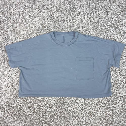 Lululemon Shirt Womens 2XL Blue Cropped Short Sleeve Pocket Tee Gym Yoga Top