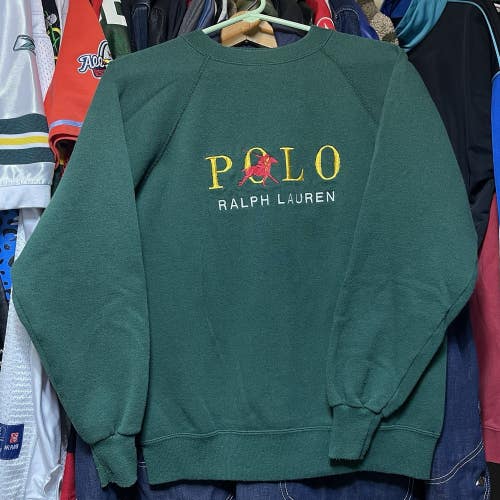 RARE Vintage Bootleg Polo Ralph Lauren Crewneck  Green Big Logo Embroidered Sz M