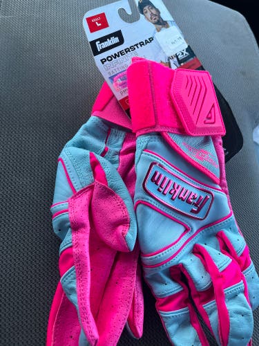 Franklin Adult L Powerstrap Infinite Batting Gloves Baseball Softball Pink/Baby Blue (New)