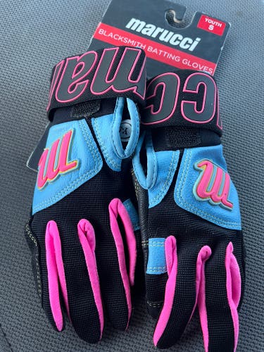 Marucci Youth S Blacksmith Batting Gloves Baseball Softball Black/Baby Blue/Pink (New)