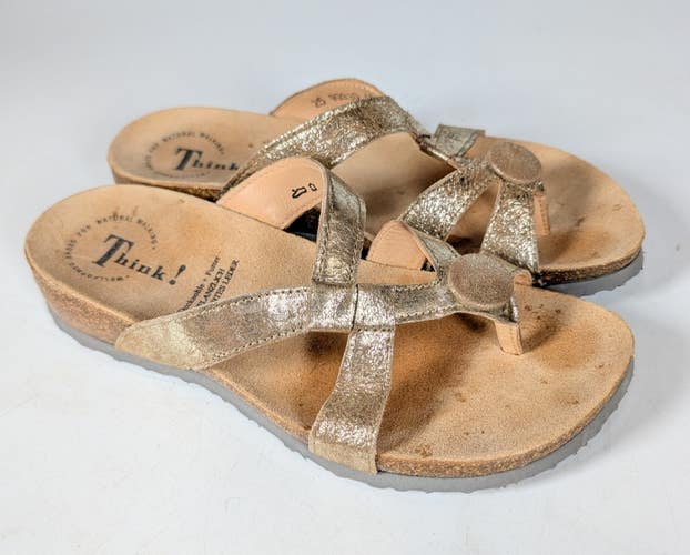 Think! Julia Casual Slip On Toe Loop Sandals Gold Leather Size: 37 / 6.5-7