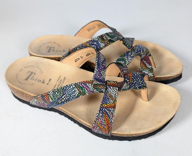 Think! Julia Casual Slip On Toe Loop Sandals Multi Leather Size: 37 / 6.5-7