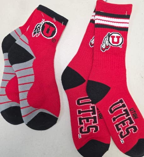 ST10 Mens NCAA UTAH UTES Crew Socks Lot of 2 Pair LARGE New