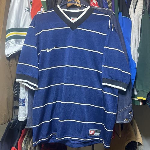Vintage 90s Nike White Tag Swoosh Blue Striped Soccer Jersey V-Neck Mens Large