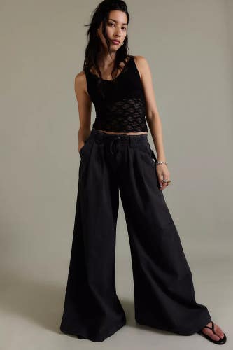 Free People Julien Chino Pants Women Medium Washed Black Cotton Wide-Leg GBO4552