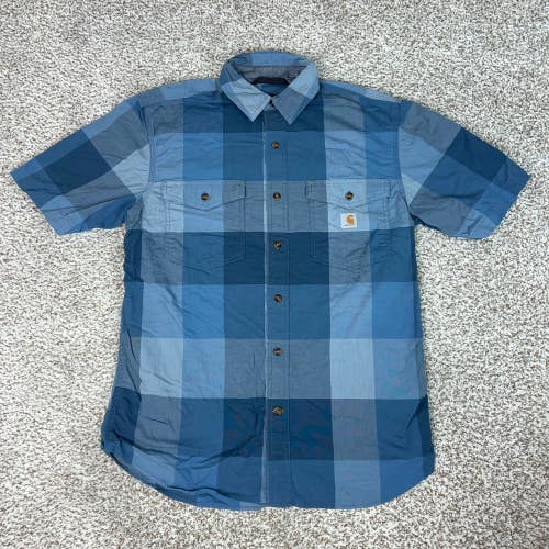 Carhartt Shirt Mens Medium Blue Check Workwear Short Sleeve Relaxed Fit Cotton