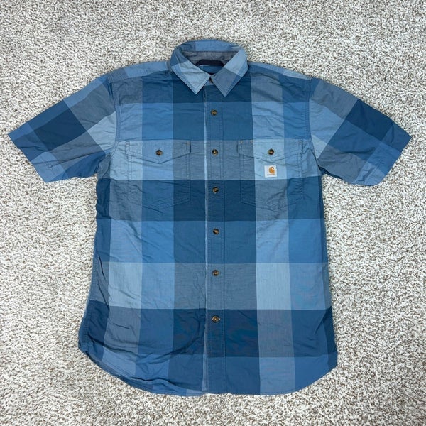 Carhartt Shirt Mens Medium Blue Check Workwear Short Sleeve Relaxed Fit Cotton