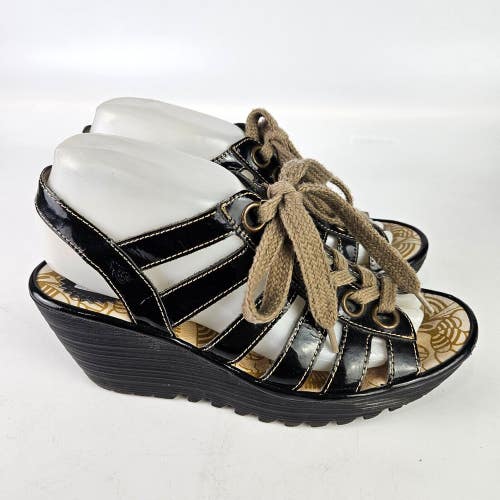 Fly London Yito Sandal Size 38 / 7 Black Patent Lace Up Gladiator Wedge Platform