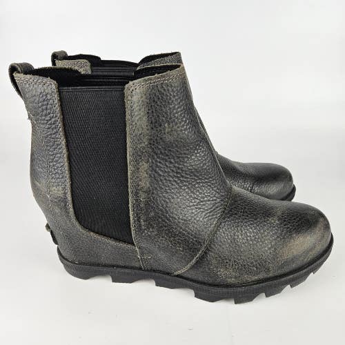 Sorel Joan of Arctic Wedge Chelsea Grey Pull On Leather Ankle Boots Booties 10