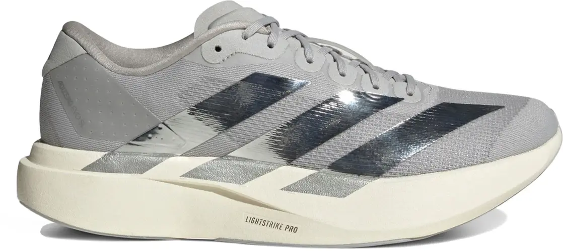 Size 10.5 - adidas Adizero Evo SL Metallic Stripes Grey Silver mens KJ9664