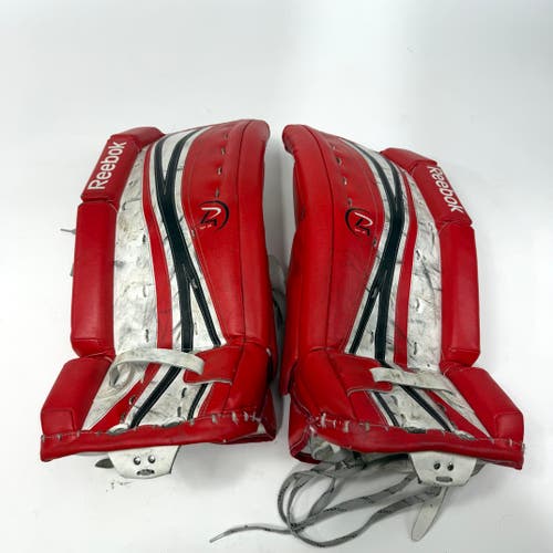 Used Red White and Black Reebok 14k Junior Goalie Leg Pads | 24+1" | AB361