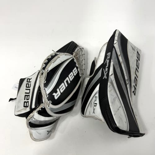 Used Black and White Regular Bauer Re-flex 6 Goalie Glove and Blocker | Junior