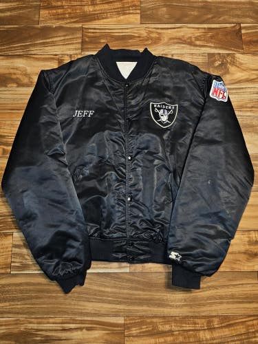 Vintage Oakland Raiders Starter Black Satin Jacket 1990s NFL Spellout Size XXL