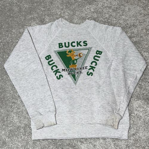 Vintage YOUTH 90s Milwaukee Bucks NBA Graphic Sweatshirt Gray Basketball Kids M