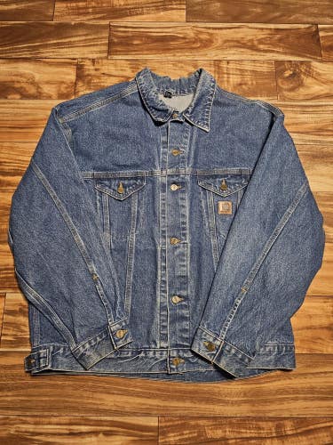 Vintage Carhartt Denim J12 DST 1990s Made In USA Vtg Jacket Coat Button Up Sz XL