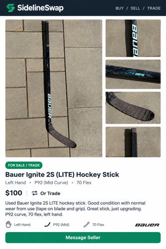 Intermediate Bauer Supreme Ignite Left Hand Hockey Stick P92 70 Flex (Used)