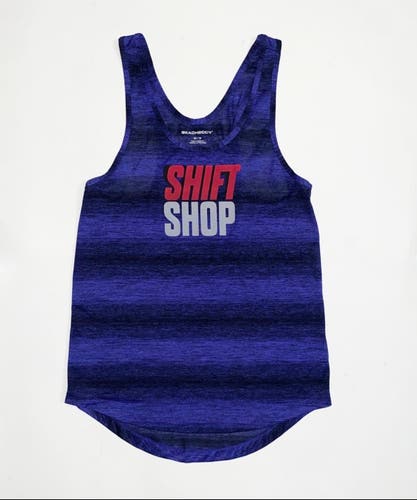 XS Women's Shirt Beachbody beach body shift shop athletic training tank top black blue stripe