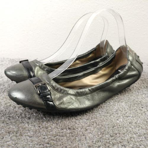 Tods Dee Ballet Flats Womens 38.5 EU Metallic Silver Leather Buckle Slip On