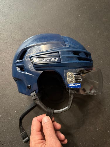 Medium CCM Super Tacks X Helmet w/ Bauer small visor Navy Blue