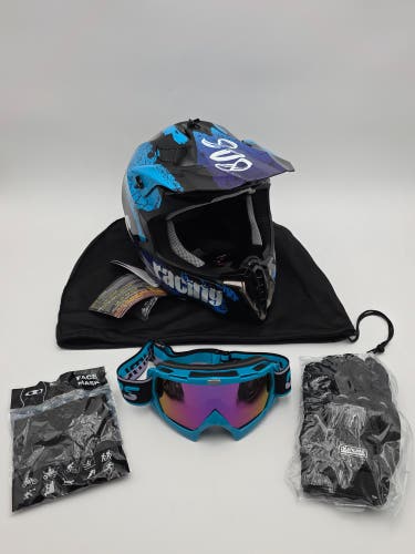 OUMURS Adult ATV Off Road Helmet Crazy Blue L w/ Gloves, Mask & Adjustable Visor (New)