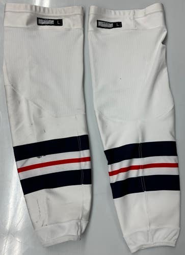 10 PAIRS CCM EDGE CUSTOM HOCKEY SOCKS HARTFORD WOLFPACK WHITE PRO STOCK AHL LARGE SIZE USED (16096)