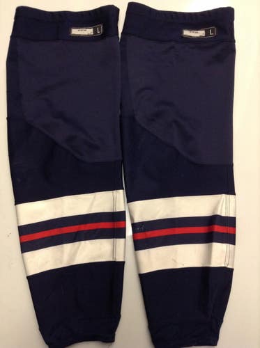 10 PAIRS CCM EDGE CUSTOM HOCKEY SOCKS HARTFORD WOLFPACK NAVY BLUE PRO STOCK AHL LARGE USED (16098)