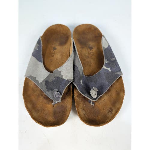 Haflinger Women Camouflage Suede Thong Sandals Cork Footbed Slides Gray Size 37